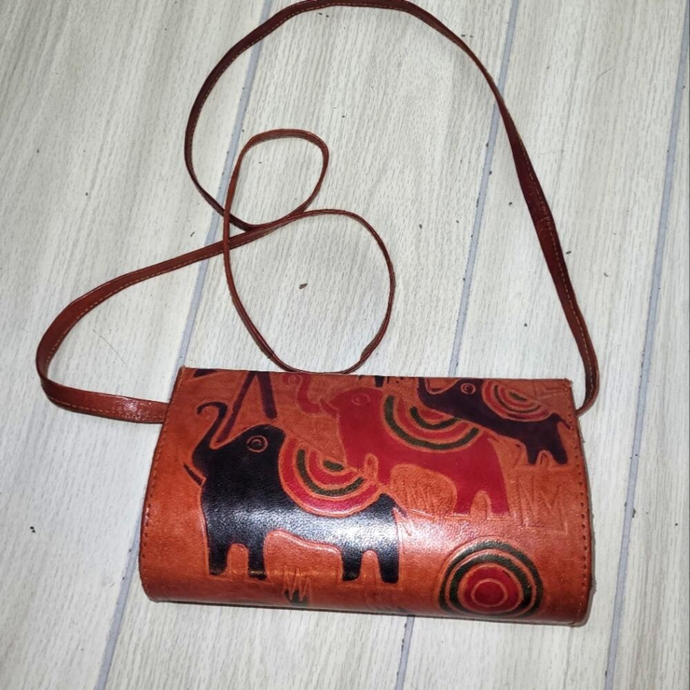 Vintage Handmade Tooled Leather Crossbody Clutch Purse Animal Embossed